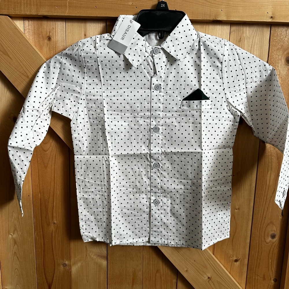White Polka Dot Long-Sleeve Shirt Set for boys